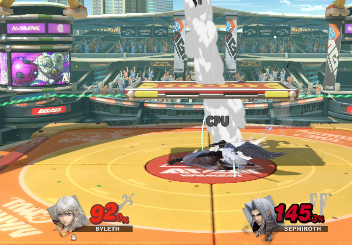 Dani vs Sephiroth, at 90% and 145% damages respectively. Sephiroth has just hit Dani, launching her into the air.